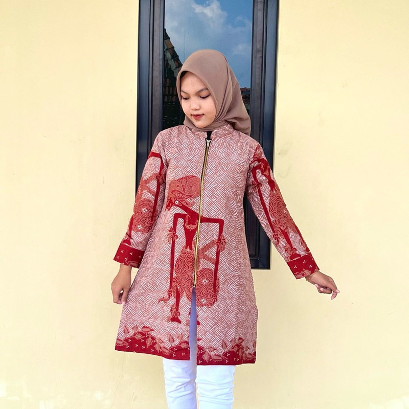 Wayang Merah Tunik Batik Solo Wanita Full Trikot Ada Kantong Katun Premium Dingin Kantoran Masakini 