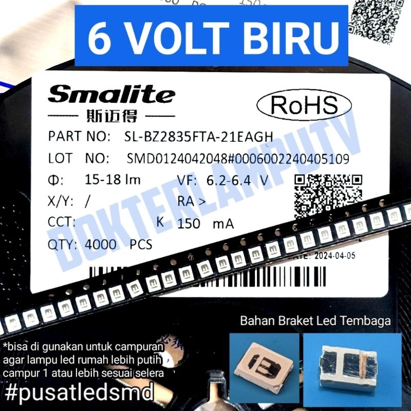 100PCS LED SMD BIRU 2835 6V 1W  SMALITE 6 VOLT 1 WATT 2835