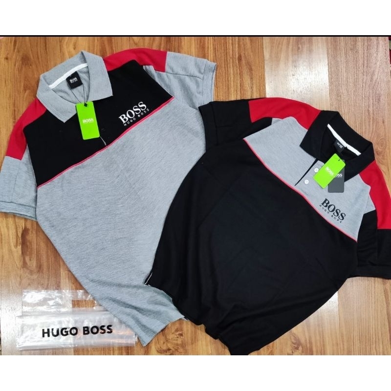 Kaos Kerah / Polo Shirt warna Kombinasi Abu Hitam Merah Tulisan Depan Bordir