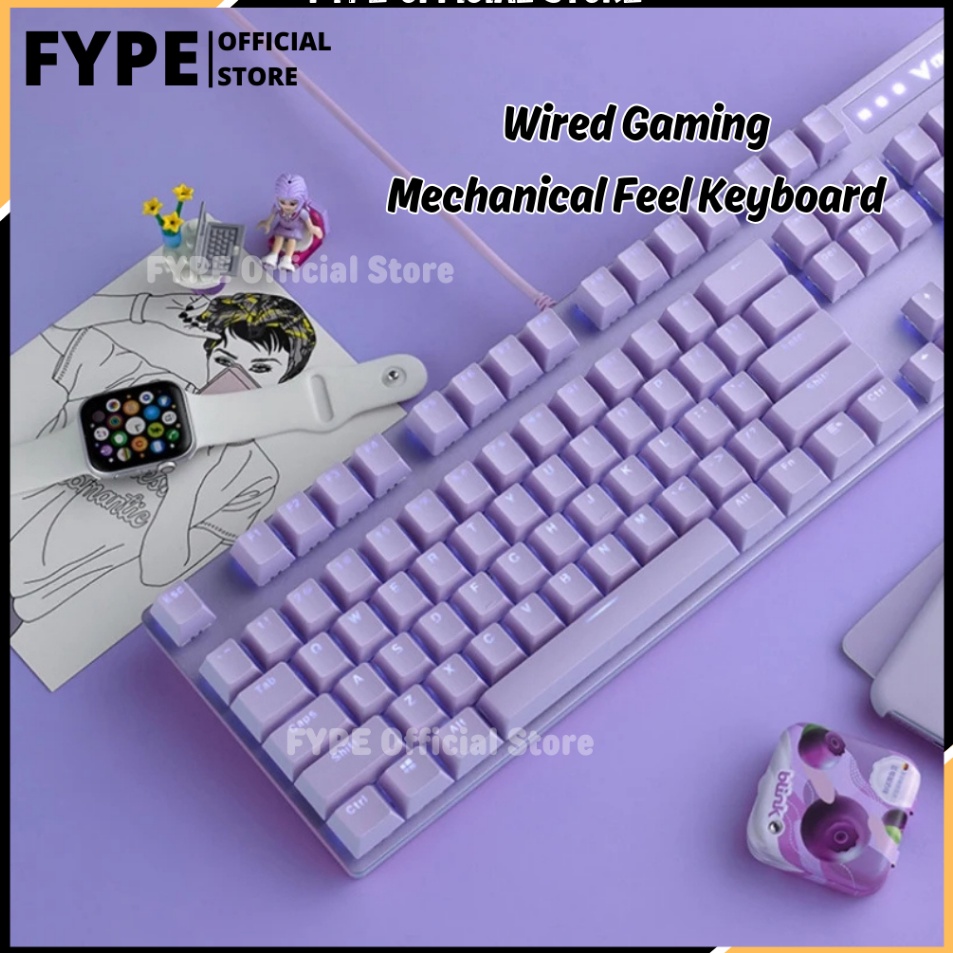 FYPE Gaming Keyboard Mechanical Feel Pink Ungu Girl Cute LED backlight Poble gamen Mekanikal keyboar