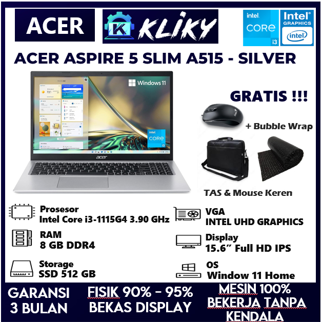 Laptop Acer Aspire 5 A515 Intel Core i3 Gen11 Ram 8gb Ssd 512gb Silver
