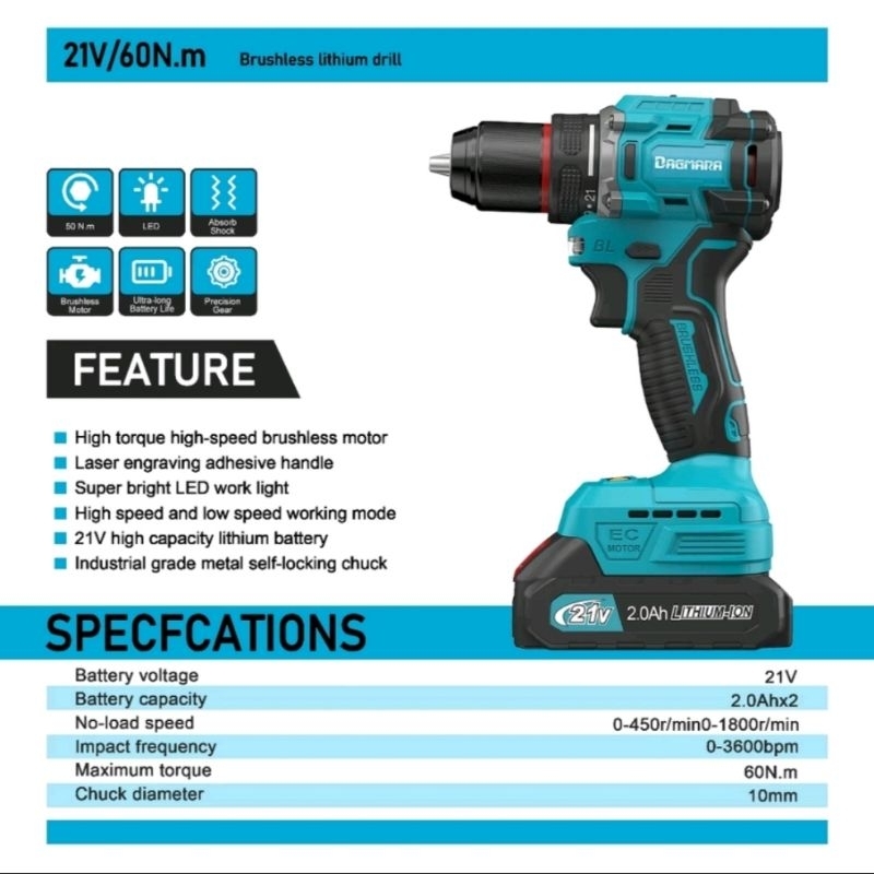 Bor Cordless drill 21V D4812 Brushless Motor  10MM chuck metal Dagmara