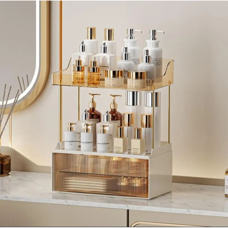 Rak Kosmetik Gold Susun dengan Laci rak susun tempat kosmetik Gold
