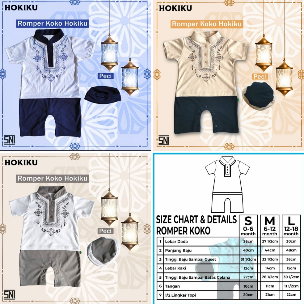 Terbagus Pakaian Muslim Baju Koko Bayi HOKIKU SNI  Romper Bayi Peci PREMIUM