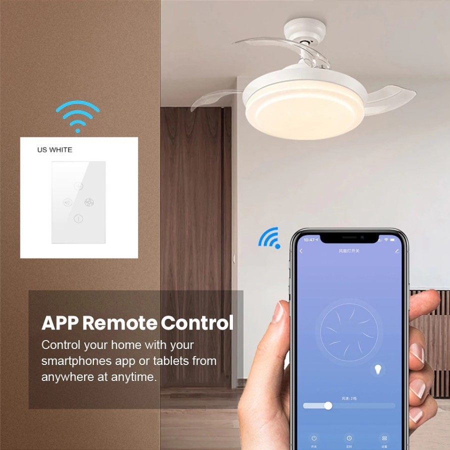 Ceiling Fan Putih Pengontrol Speed Kipas Angin Gantung dan Kecerahan Lampu WIFI Dimmer