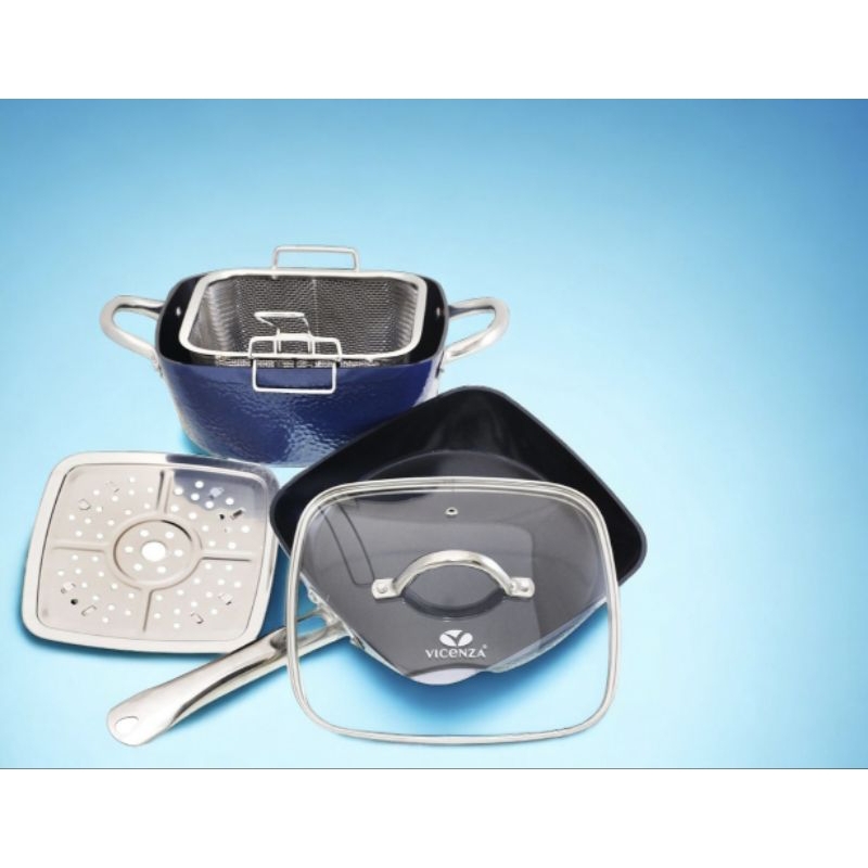 Set Panci, Penggorengan, Pengukus & keranjang penggorengan Vicenza V5492 warna Biru, square pan anti