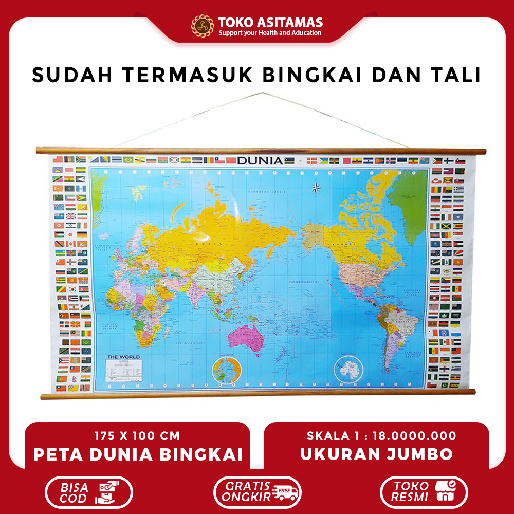 Peta Dunia Bingkai Ukuran Besar Jumbo Pajangan Dinding Alat Edukasi Pendidikan Sekolah