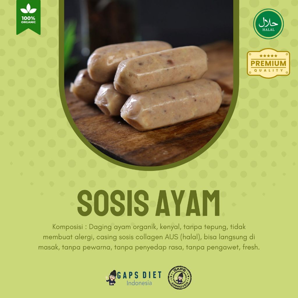 

Gaps Approved sosis ayam organic, casing colagen halal, tanpa tepung