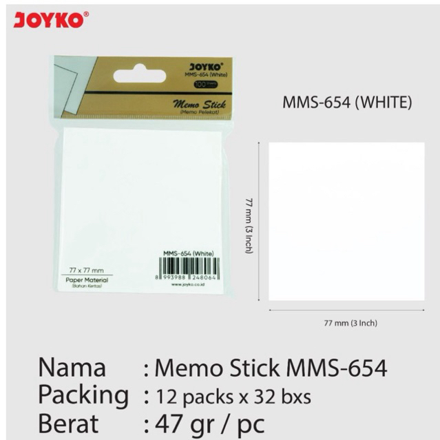 

Mms 654 White Memo Stick / Memo Pelekat Stiker warna Putih 100 lembar / Index Note MMS-654 Joyko ukuran 77 mm x 77 mm