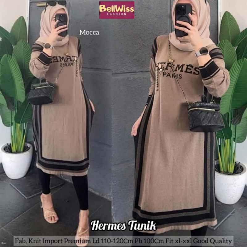 Hermess Tunik Rajut Import Stretch Motif Garis Premium