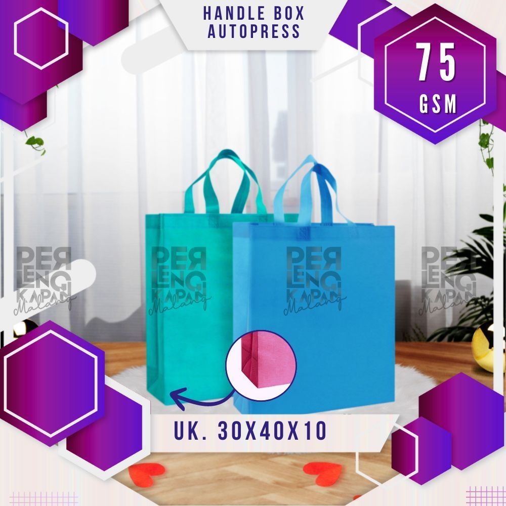 

Tas Box Spunbond Goodie Bag Standing Handle Box Auto Press (HBPA) Ukuran 30x40x10 POLOS
