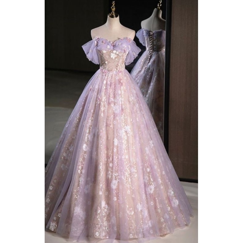 Lilac Purple flowers offshoulders party dress