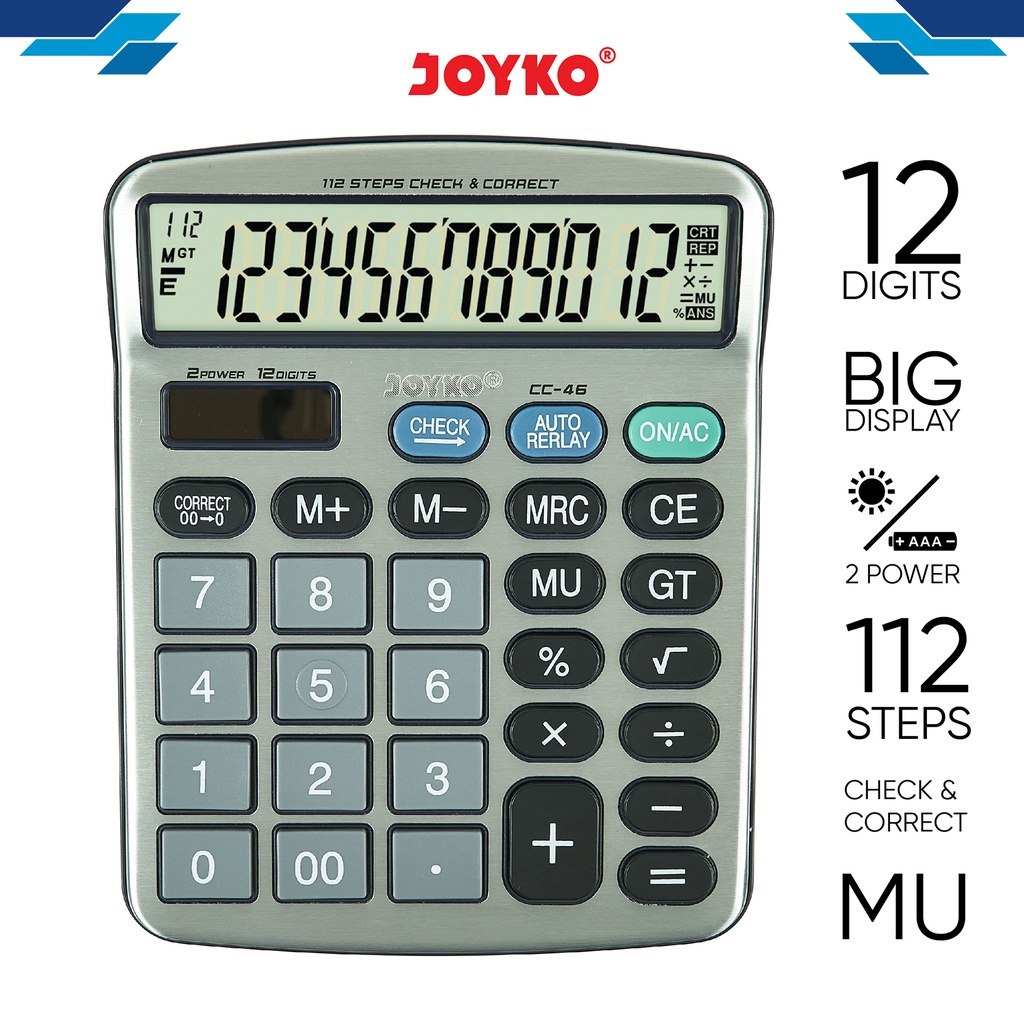 

Joyko CC-46 Calculator Kalkulator 12 Digits Check Correct Kantor Sekolah Kuliah Akuntansi Anti Slip