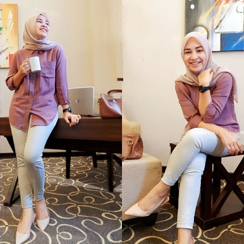 Kemeja Wanita Lengan Panjang Model Basic Casual Bahan Rayon Twill Premium Outfit Hijab Terbaru