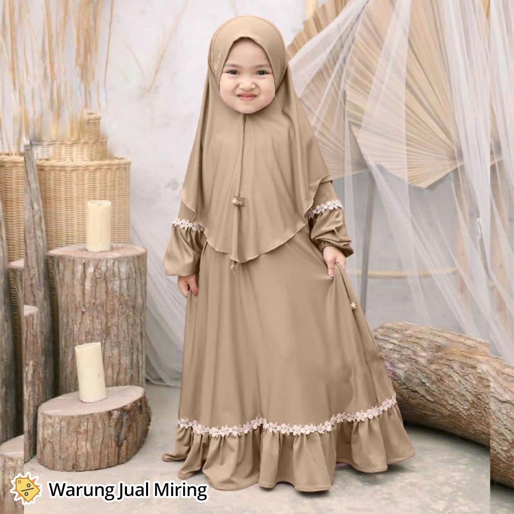 NASYA HIJAB Jelita Set Gamis Anak + Jilbab  - Gamis Anak Perempuan Renda Satu Warna -Gamis Anak Syar