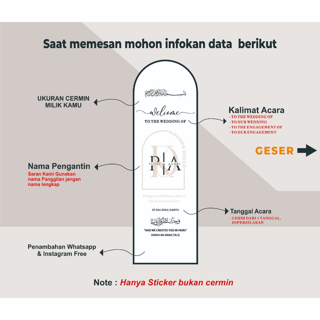 

Sticker Mirror wedding sign || Welcome Sign || Stiker cermin nikah || stand mirror engagement
