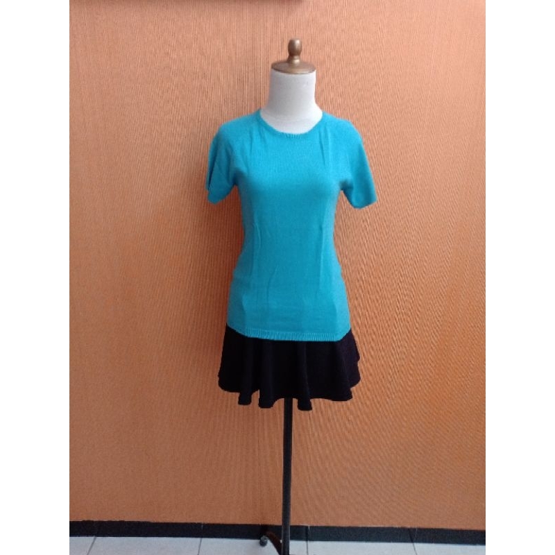 atasan kaos rajut wanita biru tosca M cewek blouse santai kerja kuliah