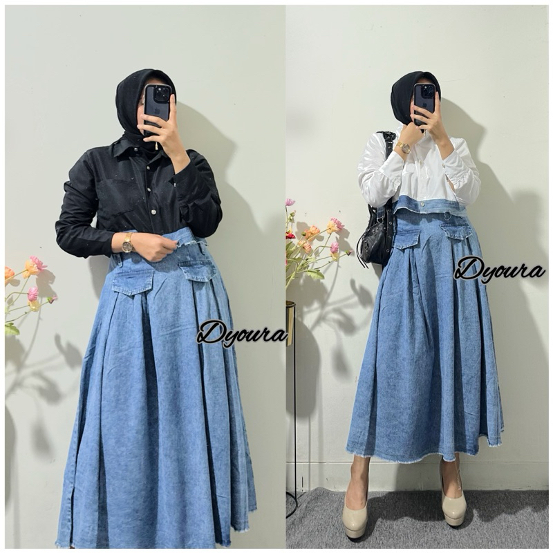 SET ROK DENIM PREMIUM/ ATASAN & ROK DENIM PANJANG BAHAN JEANS