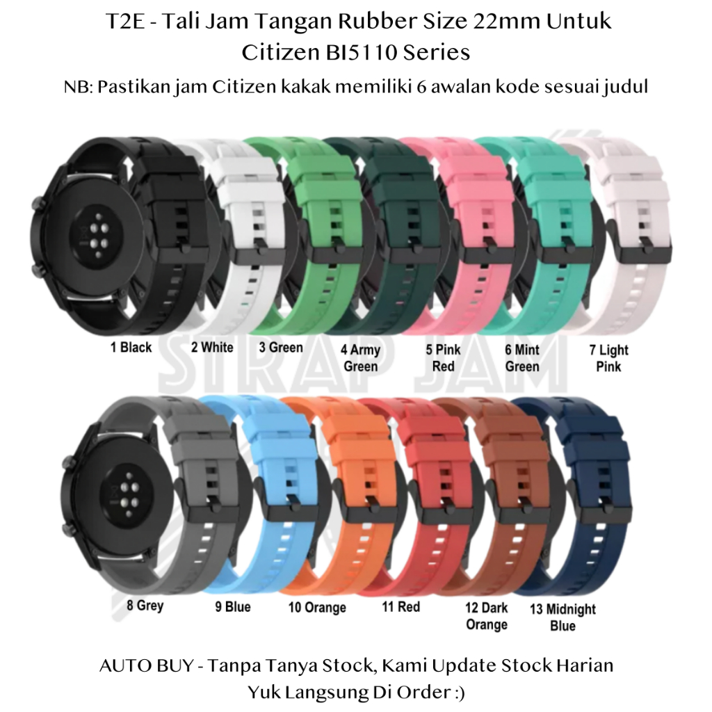 T2E 22mm Tali Jam Tangan Citizen BI5110 Series - Strap Rubber Silikon Buckle Hitam