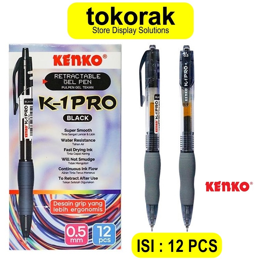 

PULPEN GEL K-1 KENKO GEL PEN K1 RETRACTABLE 0.5 BOLPEN HITAM BOLPOIN ISI 12 PCS