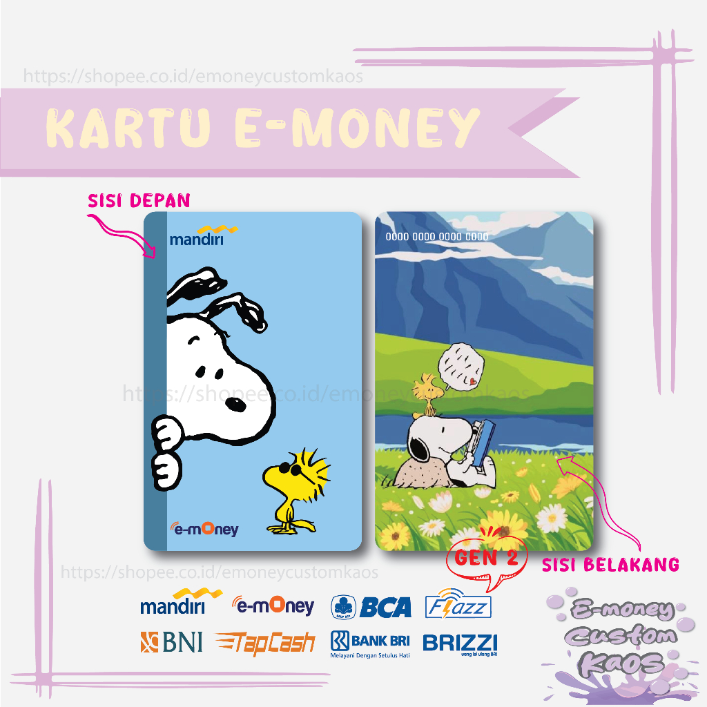 KARTU EMONEY SNOOPY WOODSTOCK ANIME ANJING MANDIRI FLAZZ BCA GEN 2 BNI TAPCASH BRIZZI BRI - 2 SISI