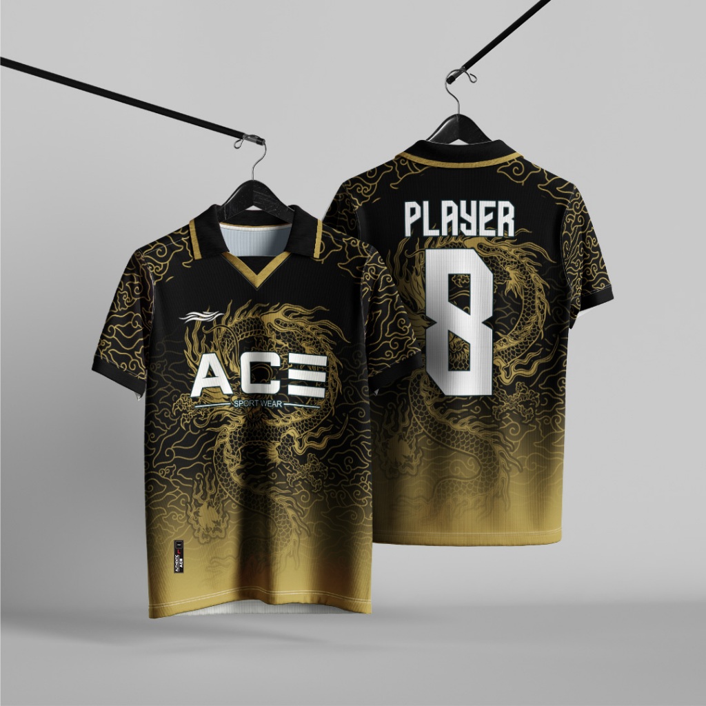 Jersey Bola | Futsal Custom Motif Naga Emas Terbang Tinggi Bebas Desain Nama Nomor Full Printing