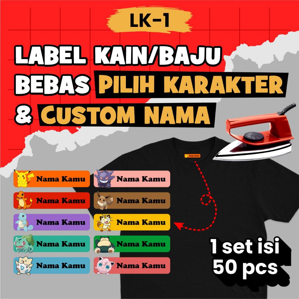 

Label Kain Stiker Baju Karakter Game Pokemon isi 50 Pcs Bisa Custom Nama LK1