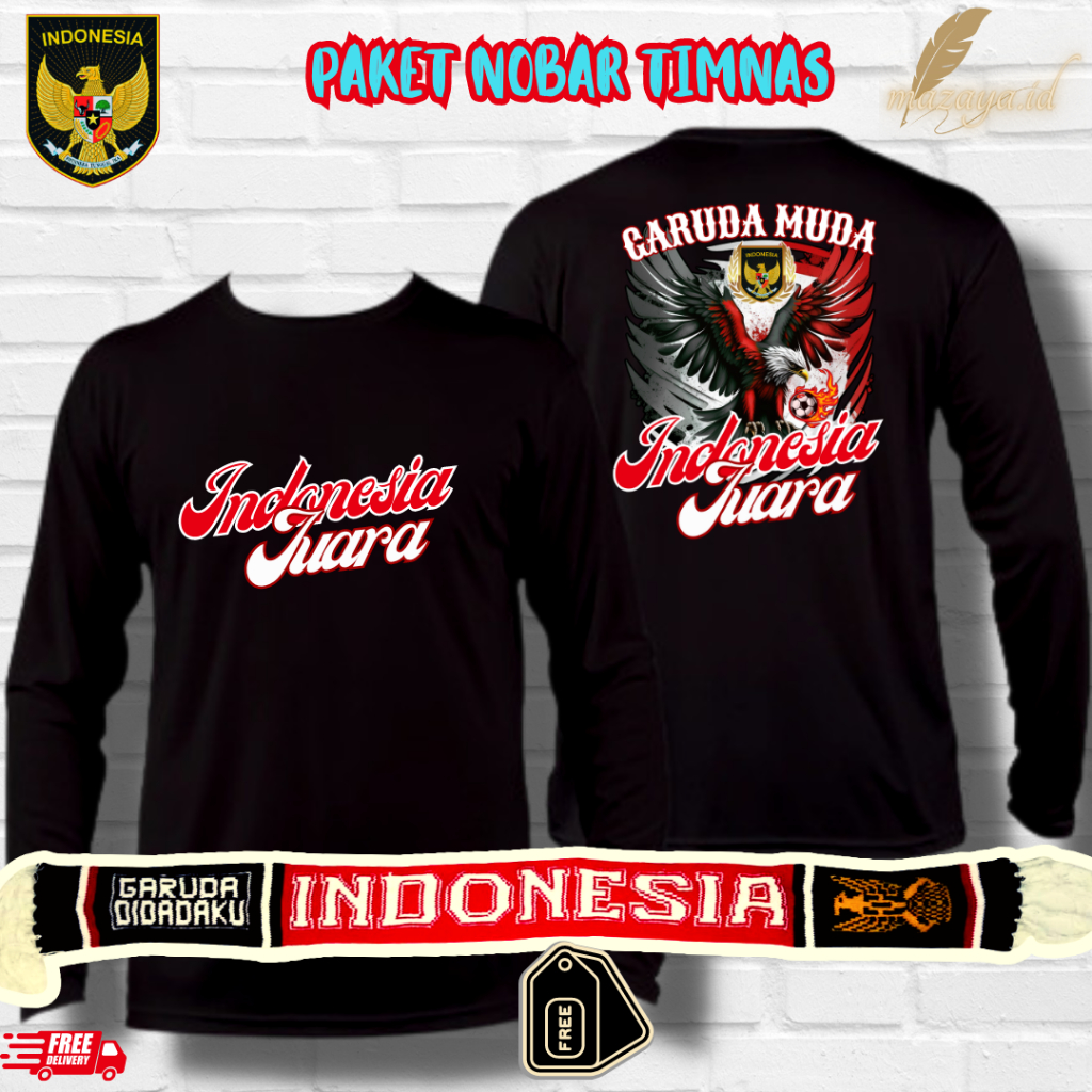 PAKET PROMO D HITAM LENGAN PANJANG NOBAR SUPORTER GARUDA MUDA INDONESIA JUARA FREE SYAL RAJUT TIMNAS