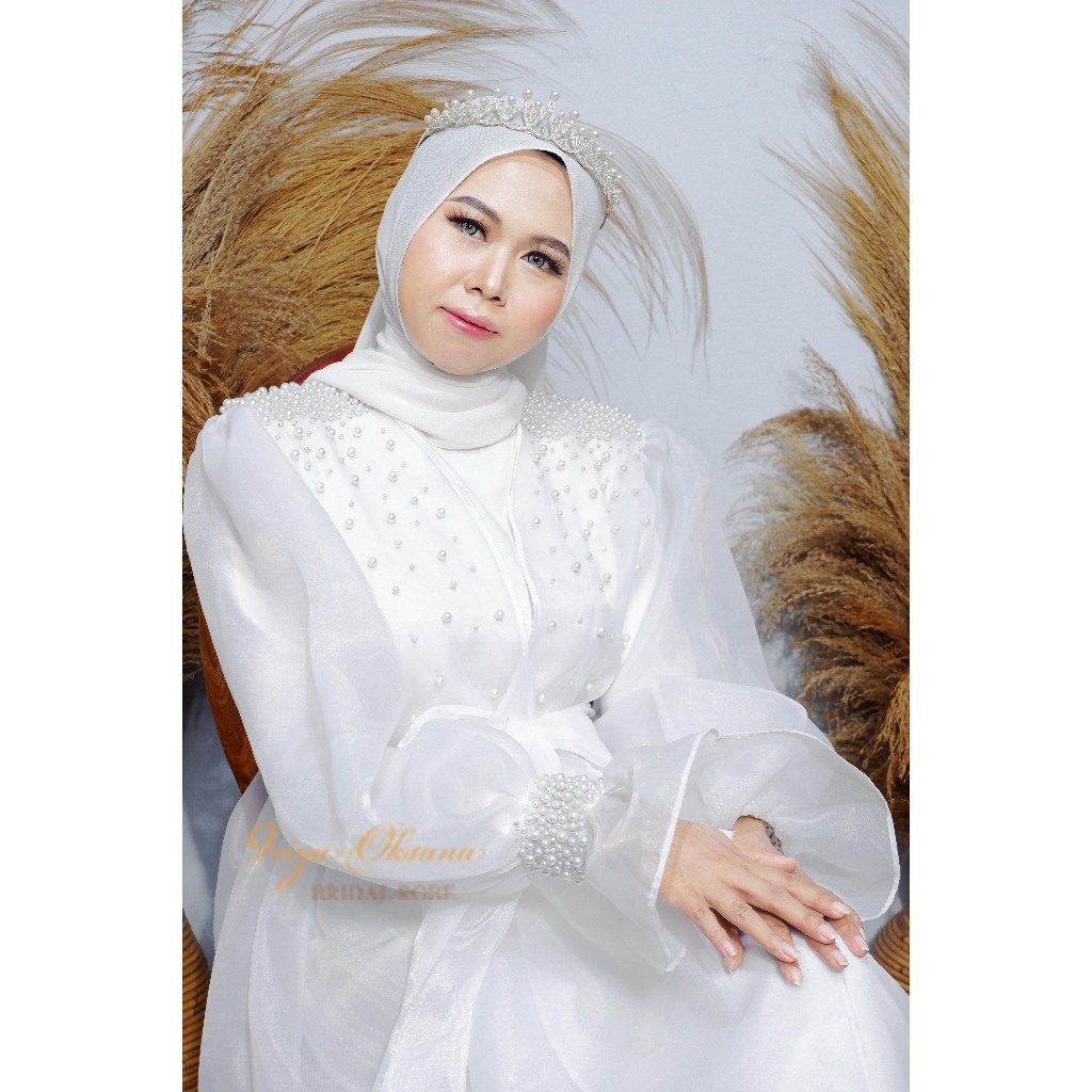 TIARA - Organza Robe Wedding Dress Berhias Payet Mutiara Baju Kimono Pengantin Putih