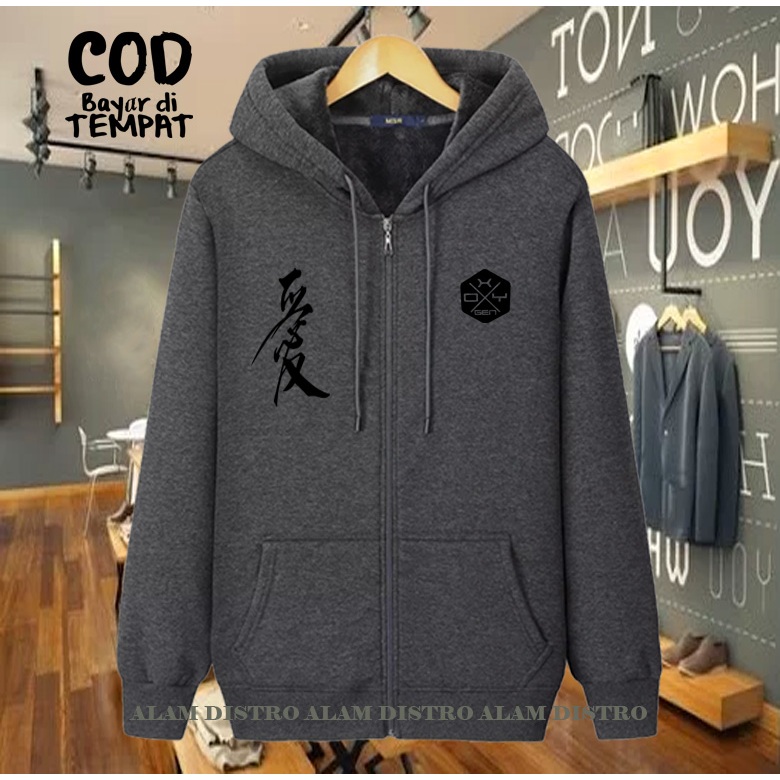 (COD) Jaket Resleting Distro Oxygen Rilex Text Hitam Jaket Pria Wanita Terkeren Jaket Denim Distro K