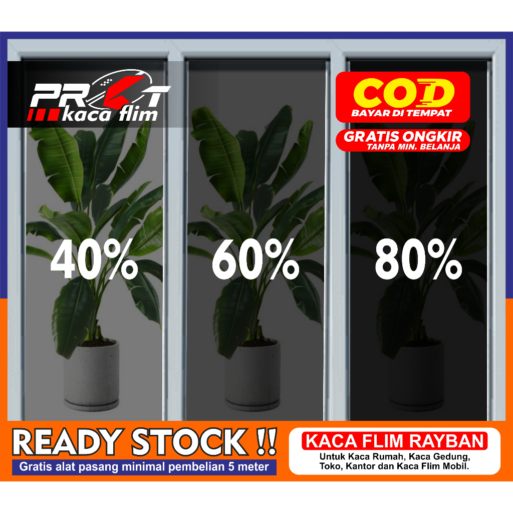 Stiker Kaca Film Jendela Rumah Kaca Film Mobil Riben Warna Hitam 40% 60% 80%