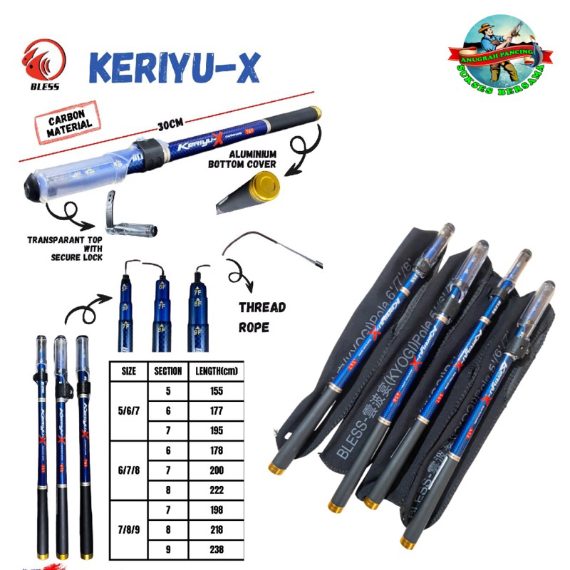 Joran Tegek BLESS Keriyu 155 200 238 Carbon Pole Ruas Pendek 30 cm