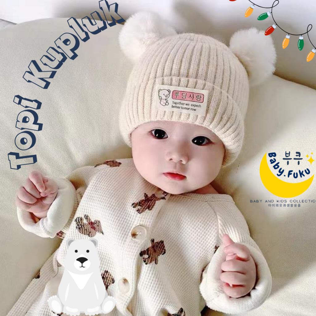 Baby.Fuku Topi Kupluk 2 Ball Bear Model Bola Beruang Topi Bayi Kupluk Bayi Bahan Wol Rajut Premium