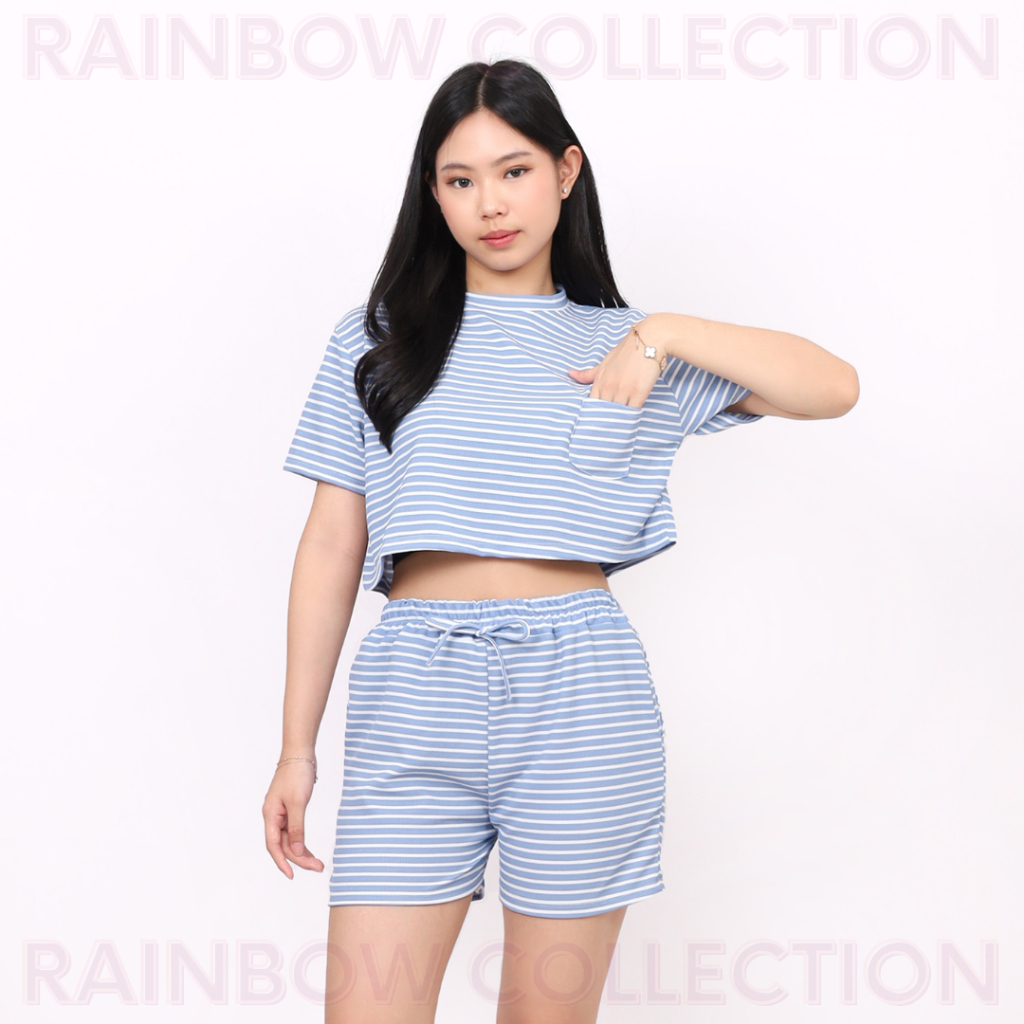 Rainbow - One Set Croptop Pocket / Setelan Wanita Crop Knit Salur