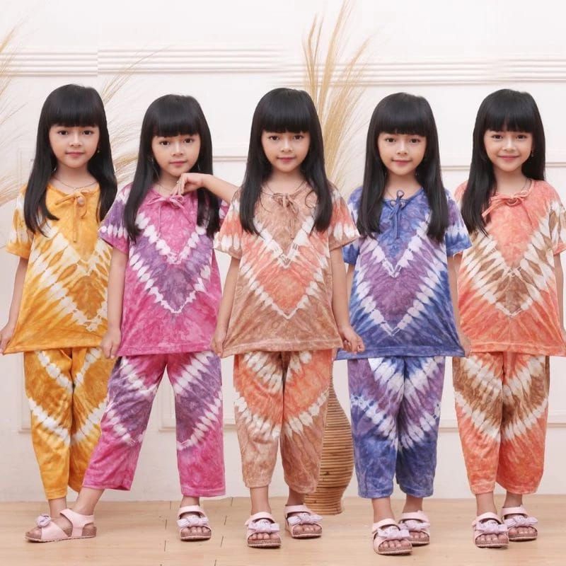 Baju Stelan CP Anak Batik Abstrak Stelan Pelangi Celana Panjang Virall Murah