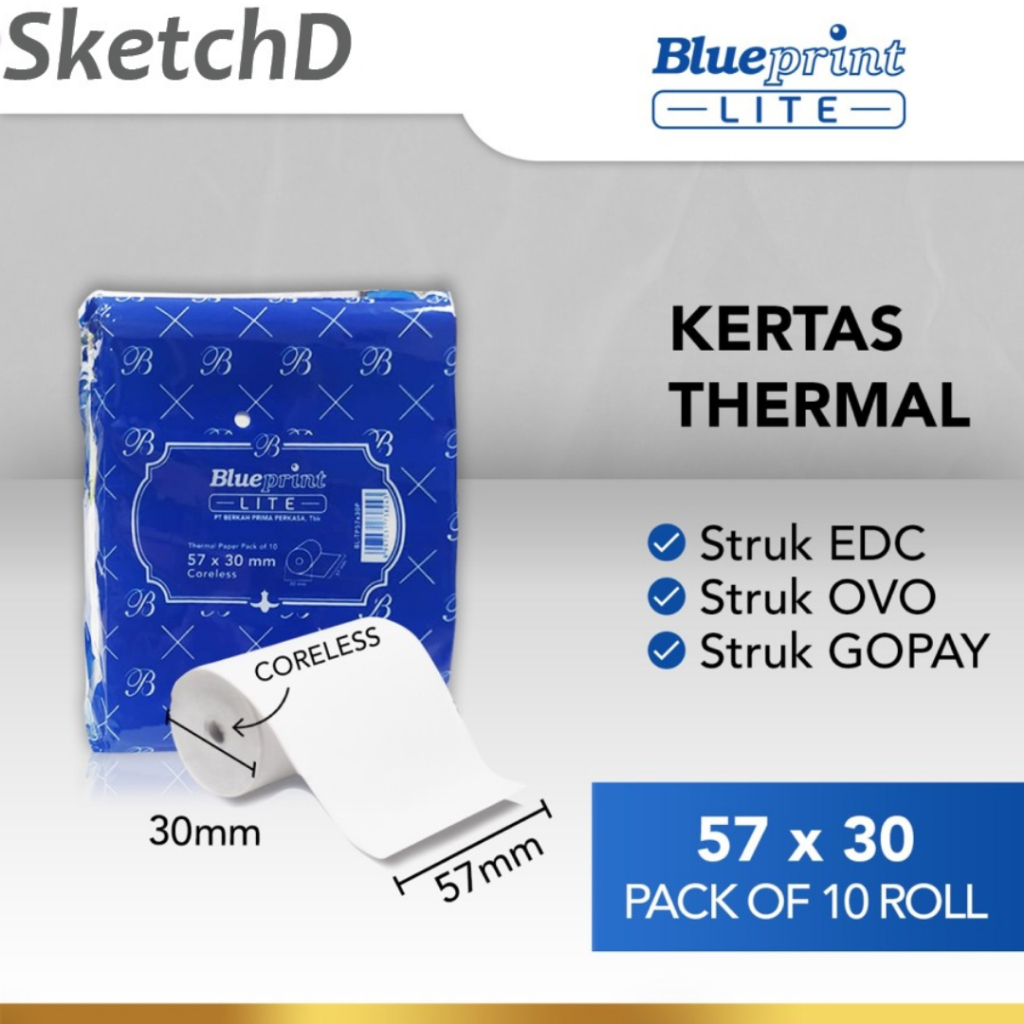 

Kertas Struk Printer Kasir Thermal Paper Lite 57 x 30 Blueprint isi 10 roll untuk printer 58