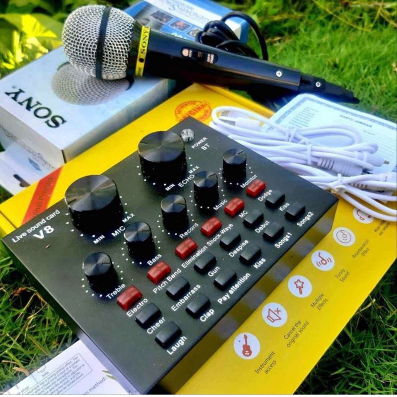 Paket Alat Karaoke Portable || Mixer Audio SoundCard V8 Bluetooth USB Mic Sony