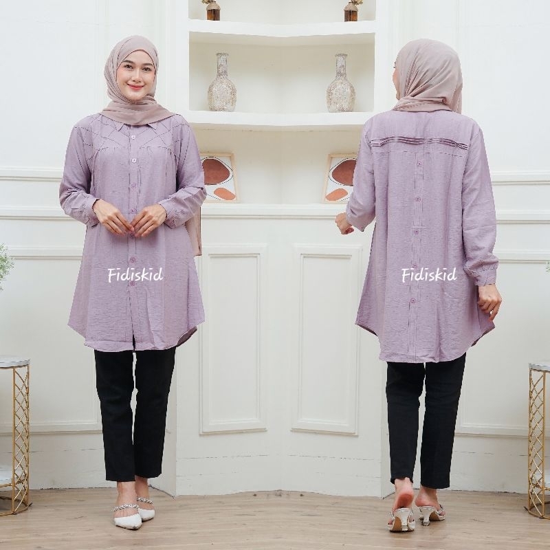 Mons Versi Tunik Setrip Polos Polo Linen Variasi Kancing Belakang Fit Panjang