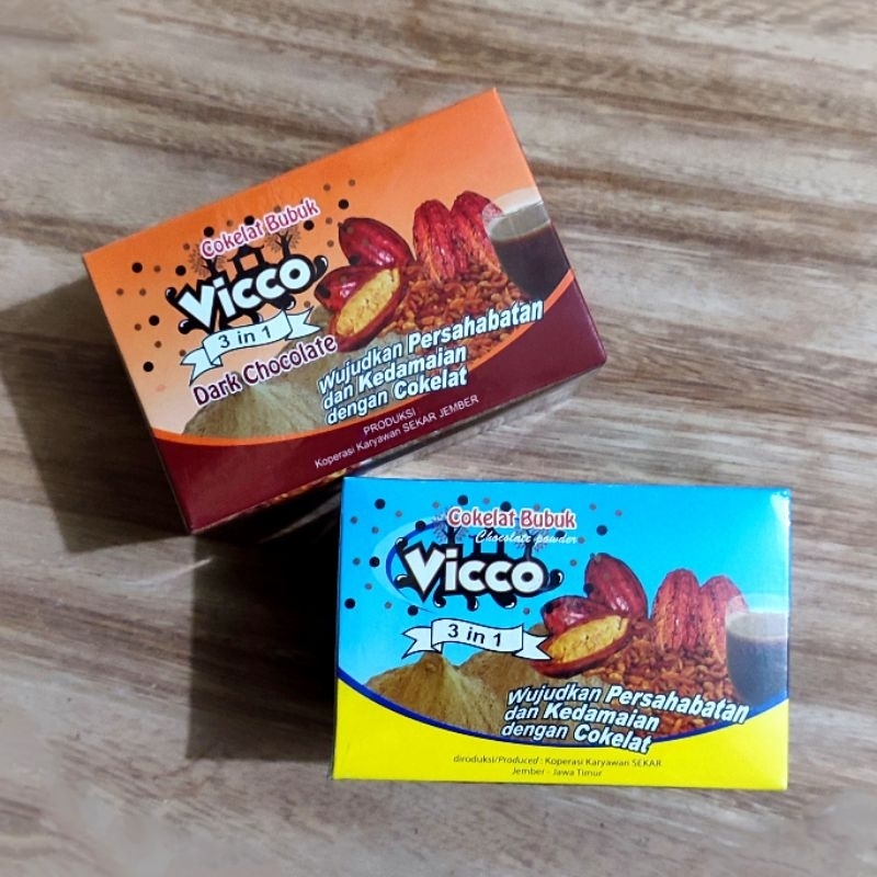 

Vicco Cokelat bubuk 3in1 sachet Siap Saji | Varian Milk & Dark | by. Puslit Jember | Kopi Kakao Shop