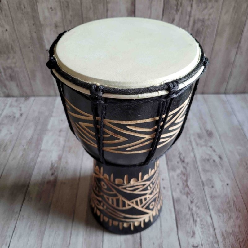 Kendang Jimbe Kecil Djimbe Gendang Anak 30cm Hitam Ukir Motif Unik Untuk Mainan Hiasan Souvernir