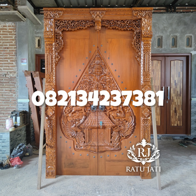 Pintu ukir gapura gebyok minimalis super mewah gunungan wayang jati solid premium