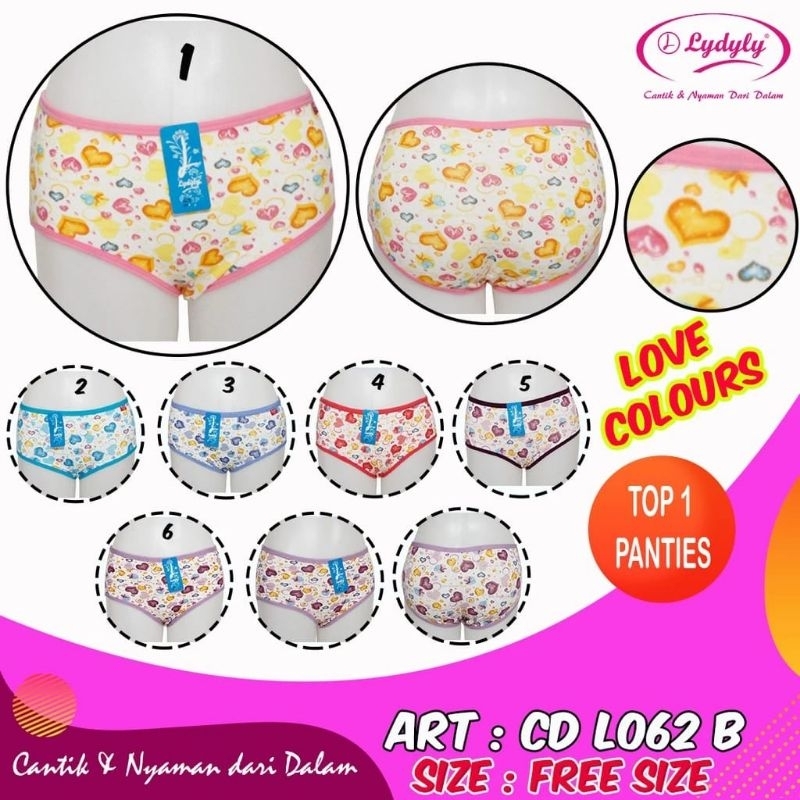Lydyly L062 Isi 3 & 6 Pcs - CD Wanita Lydyly Bahan Katun Motif Love - CD Cewek Remaja Bermotif - Cel