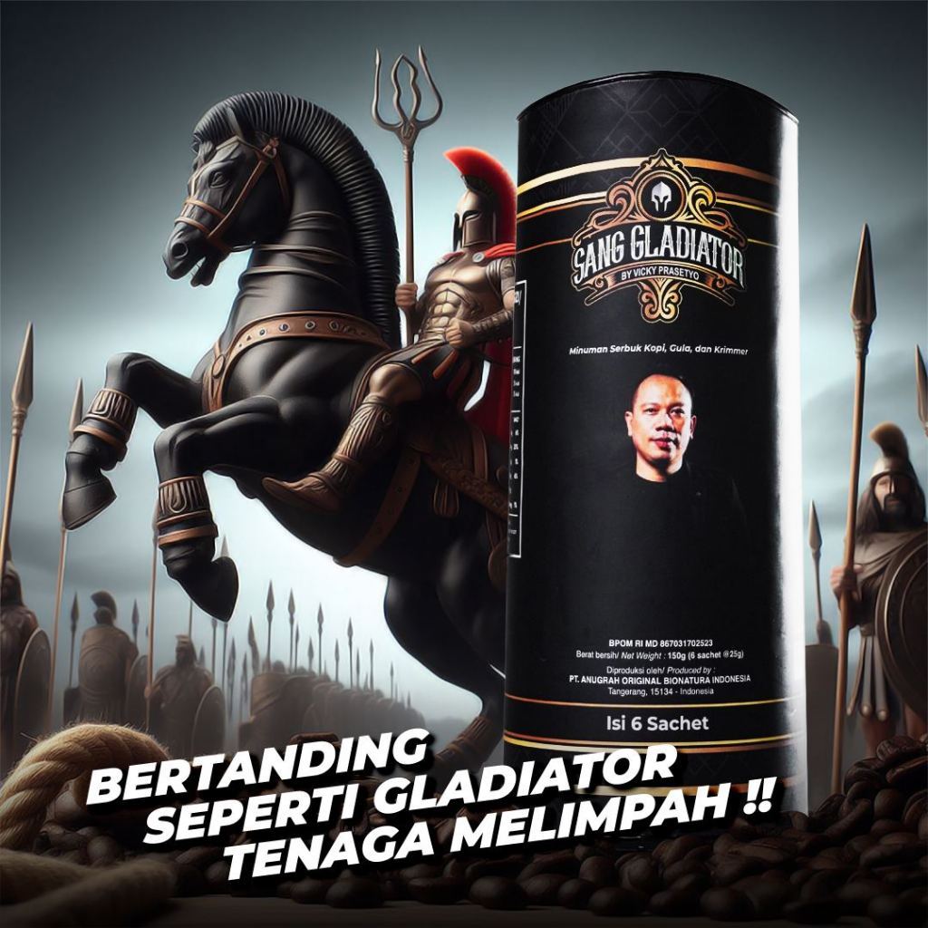 

Kopi Sang Gladiator by Vicky Prasetyo PILIHAN NOMER 1 PRIA 1 Pack Isi 6 Sachet
