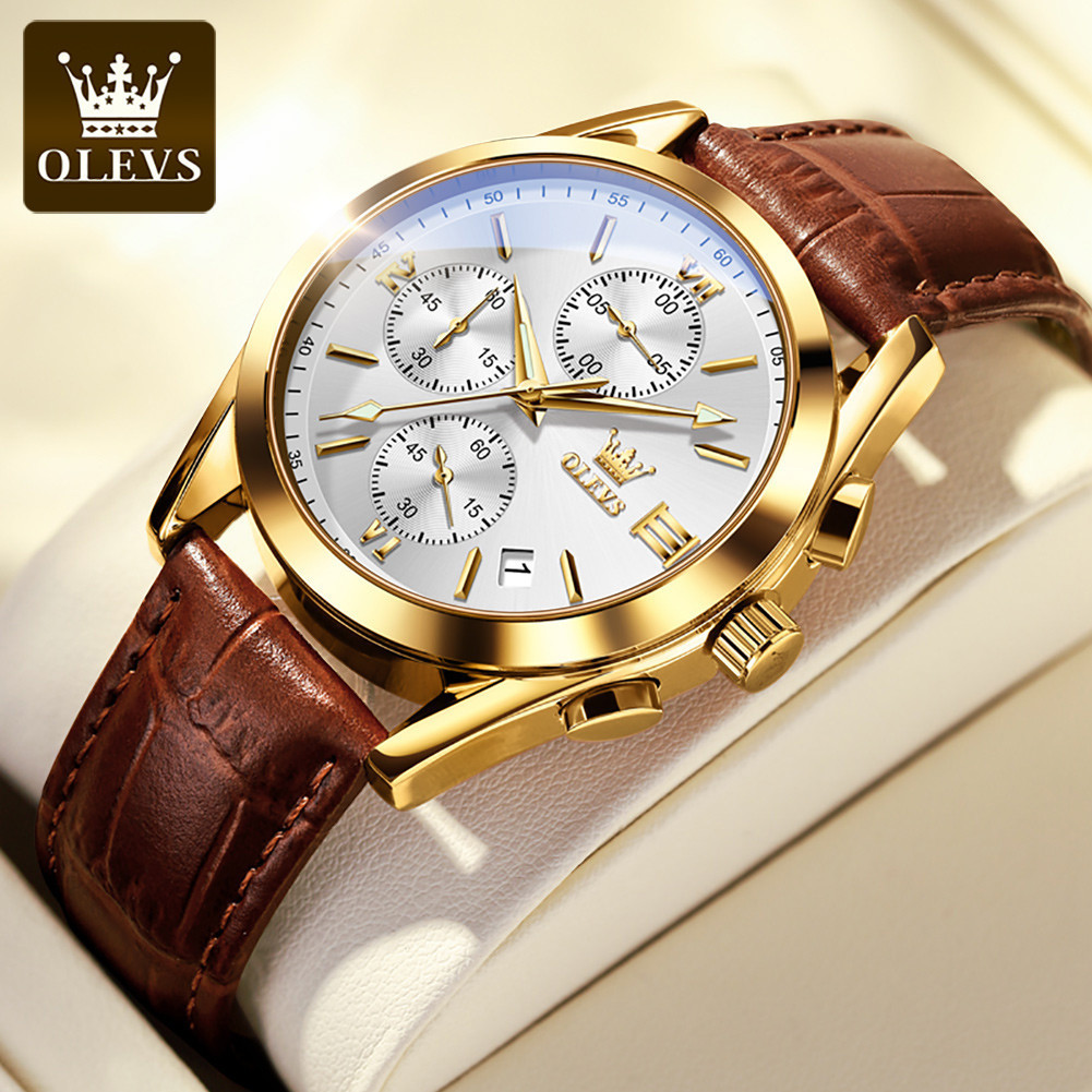 OLEVS Jam Tangan Pria Anti Air Original 2872 Asli Kulit Luxury Chronograph Watch Men Multifungsi