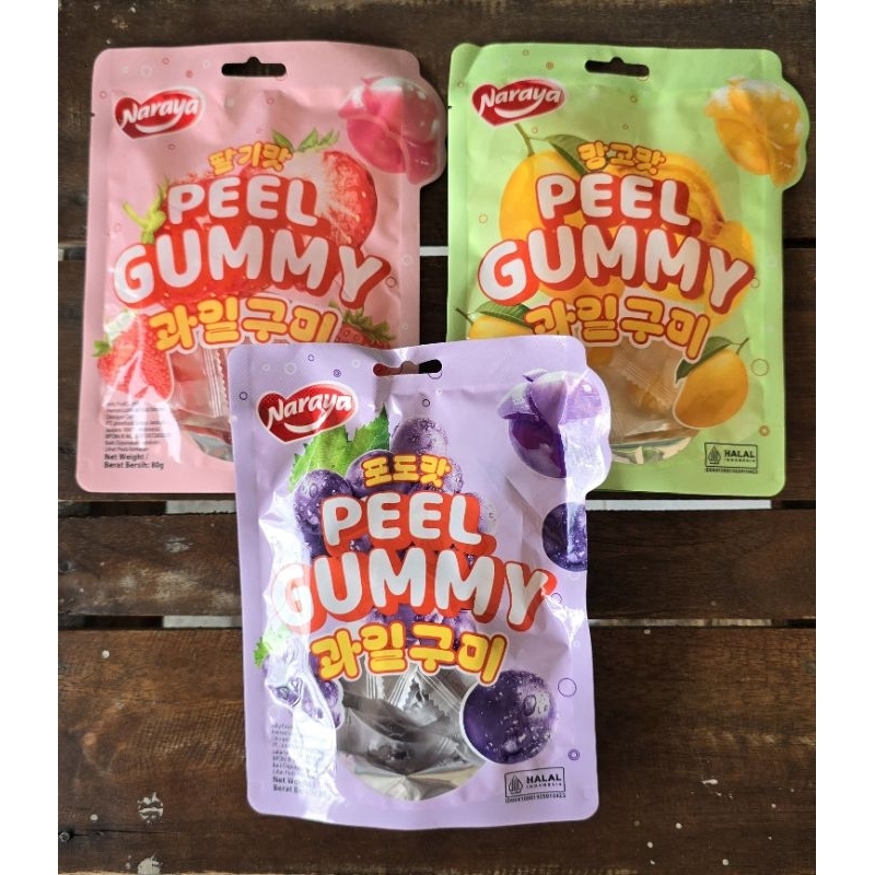 

NARAYA PEEL GUMMY 80GR PERMEN EMPUK RASA ANGGUR MANGGA STROBERI