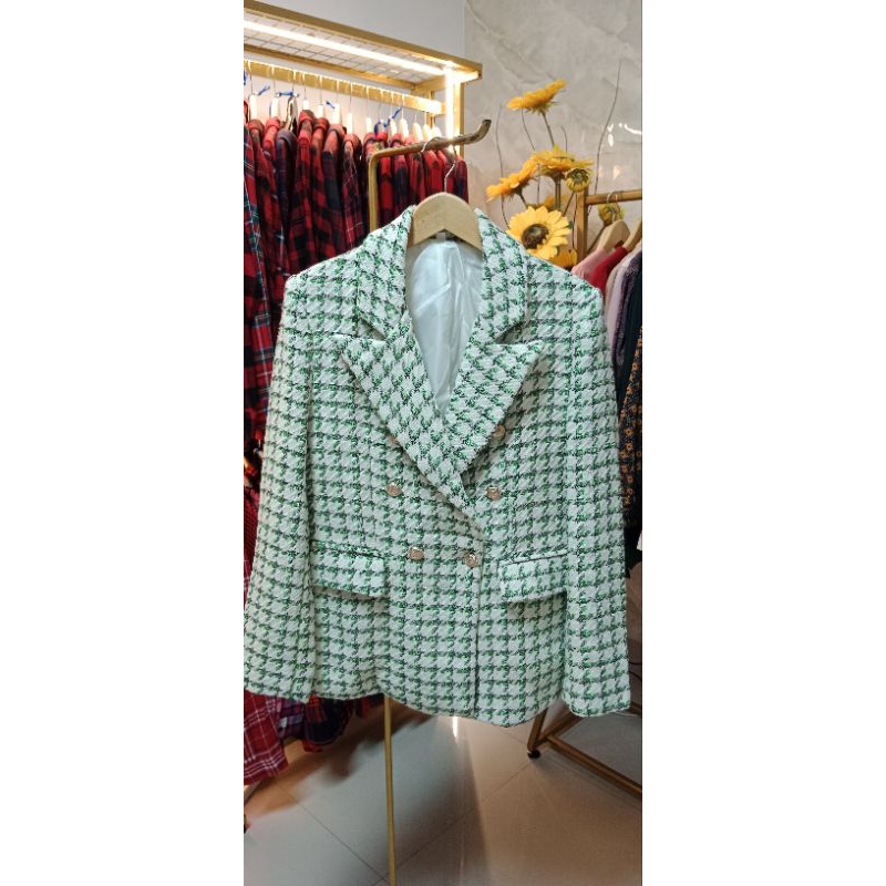 Blazer tweed hijau cream, blazer tweed import, blazer tweed premium, tweed import