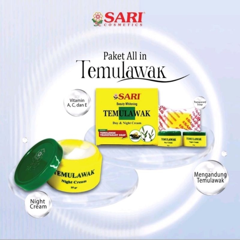 Sari Beauty Whitening Temulawak paket Day & Night cream , Transparan soap