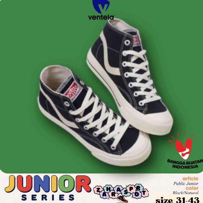 Serbuuuu Ventela Public High Black Natural JUNIOR  Sepatu Ventela Anak SD  Sepatu Sneakers Tali Anak