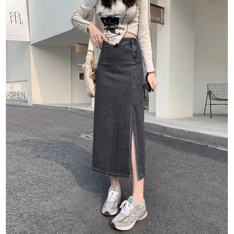 Rok Jeans Belah samping Highwaist Premium | Rok jeans wanita Highwaist