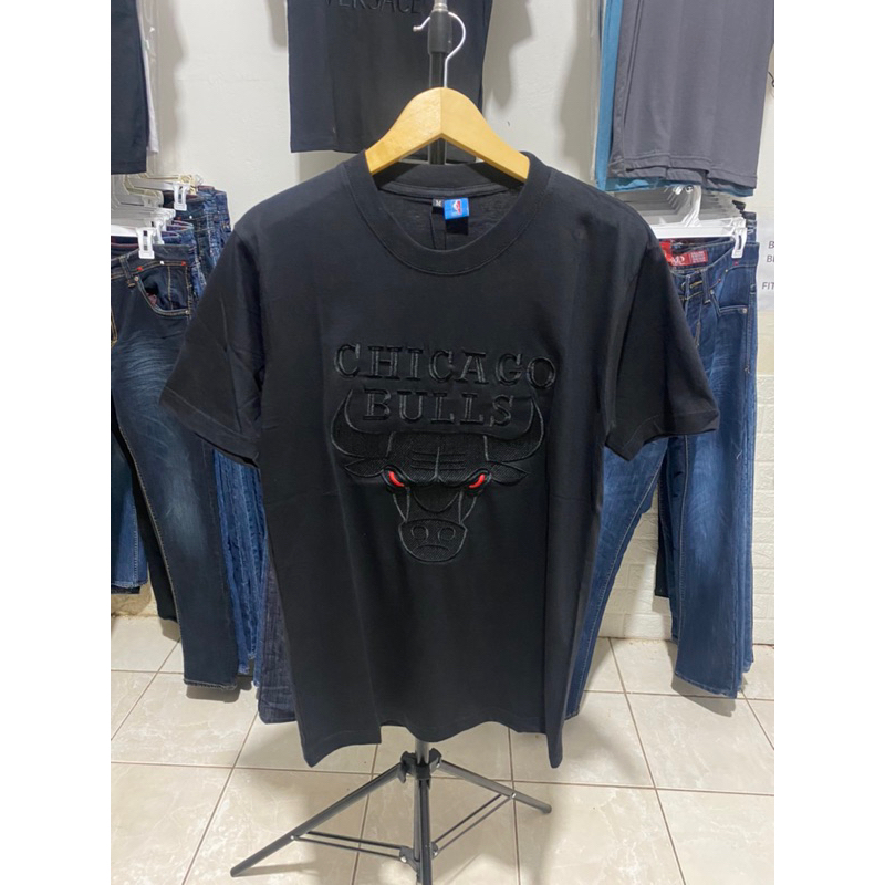 Baju Kaos Cowok Chicago Bulls Tshirt Lengan Pendek Full Bordir Hitam Katun Combed 24s Premium Kekini